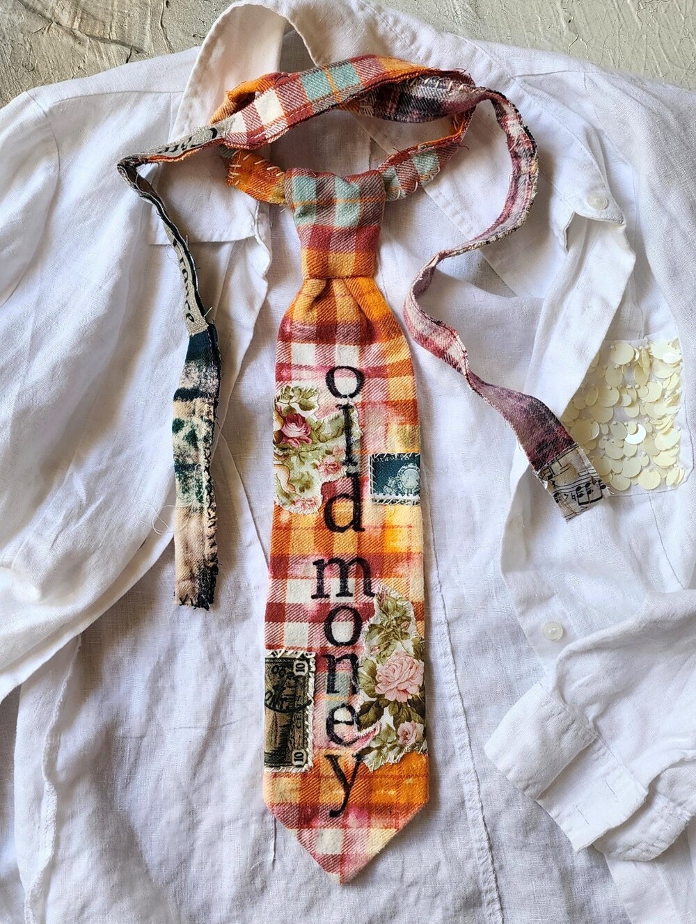 Shabby Chic Tie Jabot boho Necklace Upcycled Cottage Patched Artisan Bowtie